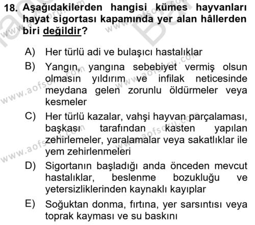 Hayat Dışı Sigortalar Dersi 2023 - 2024 Yılı (Vize) Ara Sınavı 18. Soru