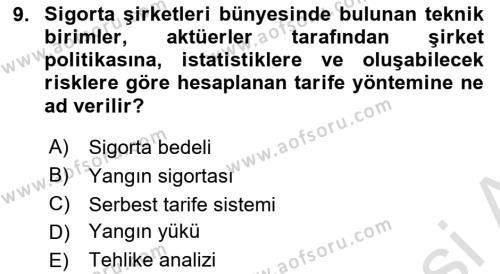 Hayat Dışı Sigortalar Dersi 2023 - 2024 Yılı (Vize) Ara Sınavı 9. Soru