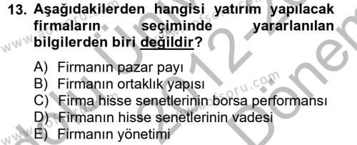 Portföy Yönetimi Dersi 2012 - 2013 Yılı (Final) Dönem Sonu Sınavı 13. Soru