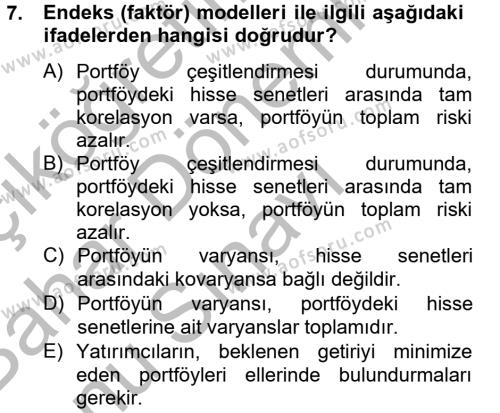 Portföy Yönetimi Dersi 2012 - 2013 Yılı (Final) Dönem Sonu Sınavı 7. Soru