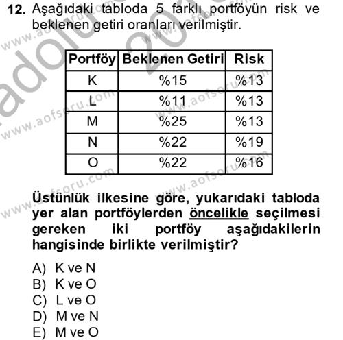 Portföy Yönetimi Dersi 2013 - 2014 Yılı (Vize) Ara Sınavı 12. Soru