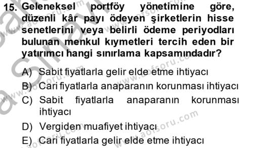 Portföy Yönetimi Dersi 2013 - 2014 Yılı (Vize) Ara Sınavı 15. Soru