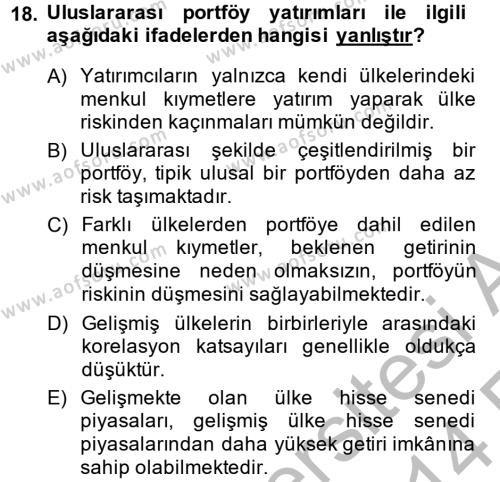 Portföy Yönetimi Dersi 2013 - 2014 Yılı (Vize) Ara Sınavı 18. Soru