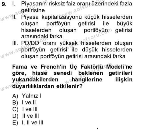 Portföy Yönetimi Dersi 2014 - 2015 Yılı (Final) Dönem Sonu Sınavı 9. Soru