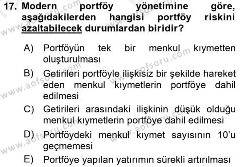 Portföy Yönetimi Dersi 2017 - 2018 Yılı (Vize) Ara Sınavı 17. Soru