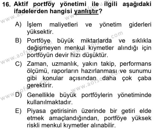 Portföy Yönetimi Dersi 2017 - 2018 Yılı (Final) Dönem Sonu Sınavı 16. Soru