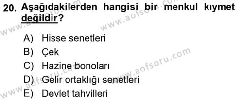 Banka ve Sigorta Muhasebesine Giriş Dersi 2021 - 2022 Yılı (Vize) Ara Sınavı 20. Soru