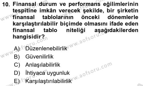 Banka ve Sigorta Muhasebesine Giriş Dersi 2021 - 2022 Yılı (Final) Dönem Sonu Sınavı 10. Soru