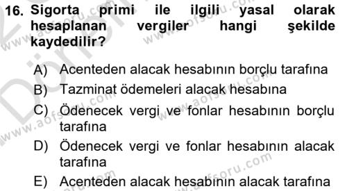 Banka ve Sigorta Muhasebesine Giriş Dersi 2021 - 2022 Yılı (Final) Dönem Sonu Sınavı 16. Soru