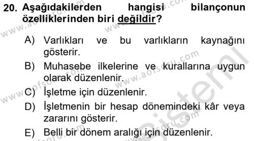 Banka ve Sigorta Muhasebesine Giriş Dersi 2021 - 2022 Yılı (Final) Dönem Sonu Sınavı 20. Soru