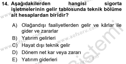 Banka ve Sigorta Muhasebesine Giriş Dersi 2021 - 2022 Yılı Yaz Okulu Sınavı 14. Soru