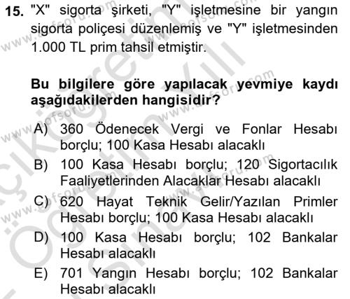 Banka ve Sigorta Muhasebesine Giriş Dersi 2021 - 2022 Yılı Yaz Okulu Sınavı 15. Soru