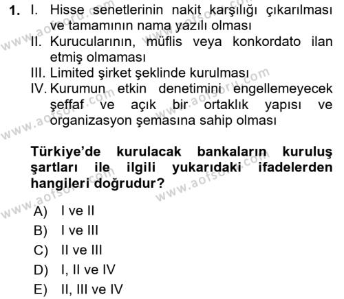 Banka ve Sigorta Muhasebesine Giriş Dersi 2022 - 2023 Yılı Yaz Okulu Sınavı 1. Soru