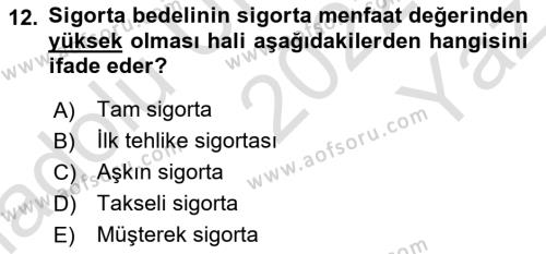 Banka ve Sigorta Muhasebesine Giriş Dersi 2022 - 2023 Yılı Yaz Okulu Sınavı 12. Soru