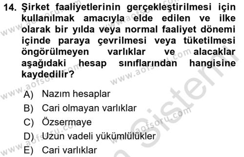 Banka ve Sigorta Muhasebesine Giriş Dersi 2022 - 2023 Yılı Yaz Okulu Sınavı 14. Soru