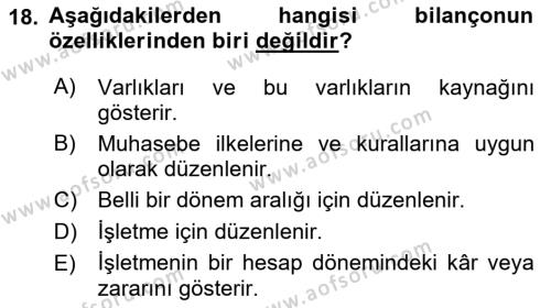 Banka ve Sigorta Muhasebesine Giriş Dersi 2022 - 2023 Yılı Yaz Okulu Sınavı 18. Soru