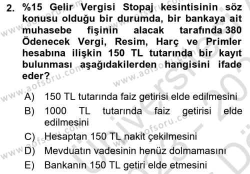 Banka ve Sigorta Muhasebesine Giriş Dersi 2023 - 2024 Yılı (Vize) Ara Sınavı 2. Soru