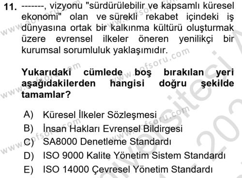 İş Hayatında Standartlar Dersi 2021 - 2022 Yılı (Final) Dönem Sonu Sınavı 11. Soru