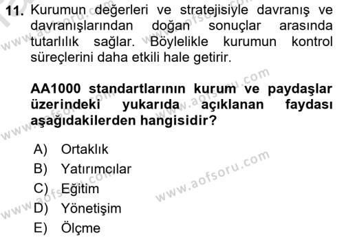 İş Hayatında Standartlar Dersi 2021 - 2022 Yılı Yaz Okulu Sınavı 11. Soru