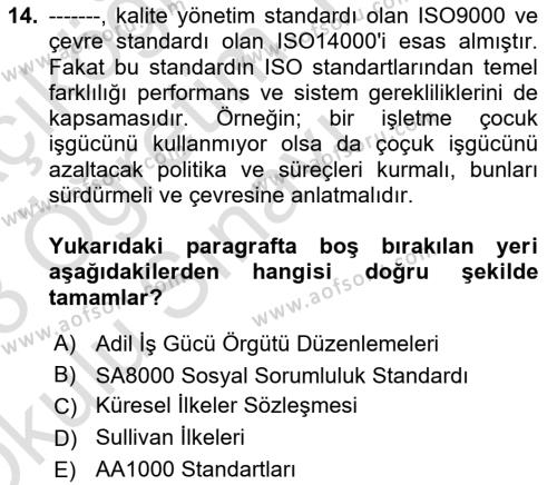 İş Hayatında Standartlar Dersi 2022 - 2023 Yılı Yaz Okulu Sınavı 14. Soru