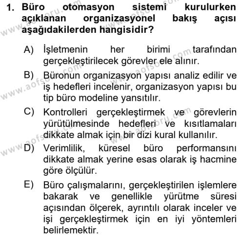 Modern Büro Yönetimi Dersi 2021 - 2022 Yılı (Vize) Ara Sınavı 1. Soru