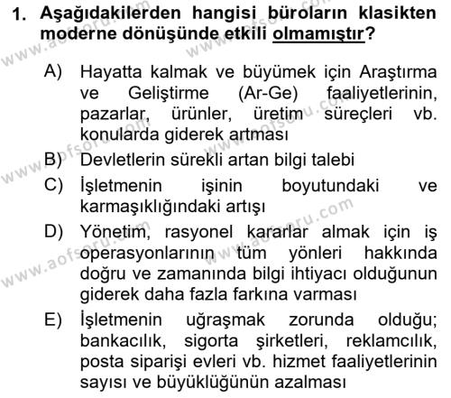 Modern Büro Yönetimi Dersi 2021 - 2022 Yılı (Final) Dönem Sonu Sınavı 1. Soru