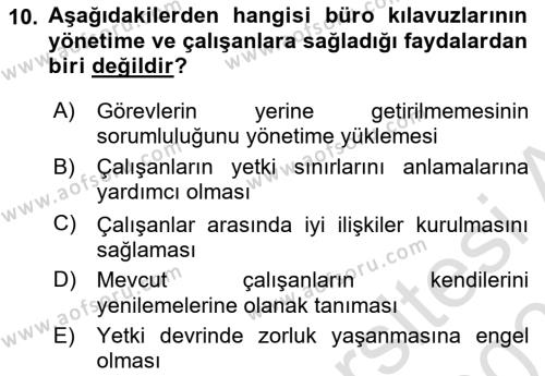 Modern Büro Yönetimi Dersi 2023 - 2024 Yılı (Vize) Ara Sınavı 10. Soru