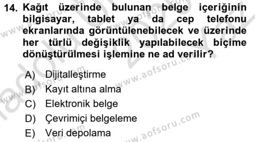 Dosyalama Arşivleme Dersi 2020 - 2021 Yılı Yaz Okulu Sınavı 14. Soru