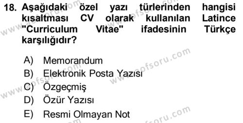 Mesleki Yazışmalar Dersi 2020 - 2021 Yılı Yaz Okulu Sınavı 18. Soru