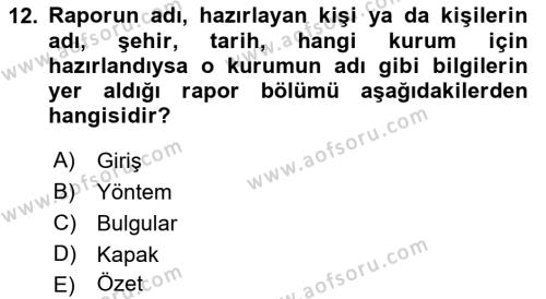 Mesleki Yazışmalar Dersi 2021 - 2022 Yılı Yaz Okulu Sınavı 12. Soru