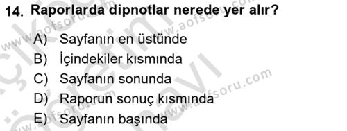 Mesleki Yazışmalar Dersi 2021 - 2022 Yılı Yaz Okulu Sınavı 14. Soru