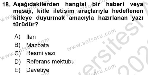 Mesleki Yazışmalar Dersi 2022 - 2023 Yılı (Vize) Ara Sınavı 18. Soru