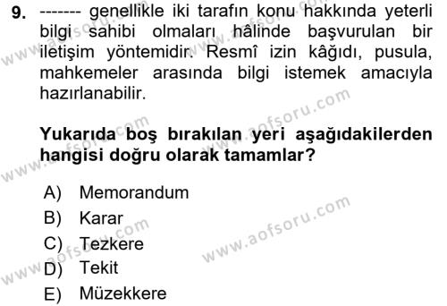 Mesleki Yazışmalar Dersi 2022 - 2023 Yılı (Vize) Ara Sınavı 9. Soru