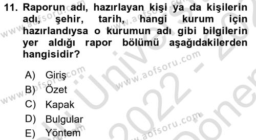 Mesleki Yazışmalar Dersi 2022 - 2023 Yılı (Final) Dönem Sonu Sınavı 11. Soru