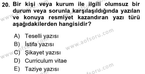 Mesleki Yazışmalar Dersi 2023 - 2024 Yılı (Vize) Ara Sınavı 20. Soru