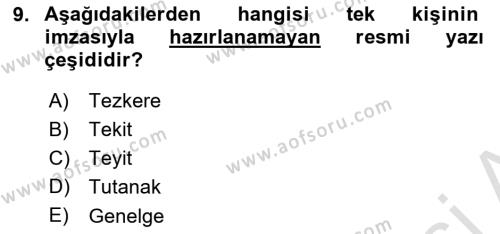 Mesleki Yazışmalar Dersi 2023 - 2024 Yılı (Vize) Ara Sınavı 9. Soru