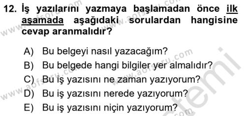 Mesleki Yazışmalar Dersi 2024 - 2025 Yılı (Vize) Ara Sınavı 12. Soru