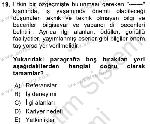 Mesleki Yazışmalar Dersi 2024 - 2025 Yılı (Vize) Ara Sınavı 19. Soru