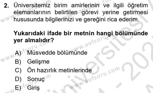 Mesleki Yazışmalar Dersi 2024 - 2025 Yılı (Vize) Ara Sınavı 2. Soru