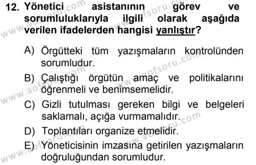 Yönetici Asistanlığı Dersi 2012 - 2013 Yılı (Vize) Ara Sınavı 12. Soru