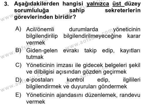 Yönetici Asistanlığı Dersi 2015 - 2016 Yılı (Vize) Ara Sınavı 3. Soru