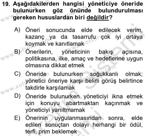 Yönetici Asistanlığı Dersi 2017 - 2018 Yılı (Vize) Ara Sınavı 19. Soru