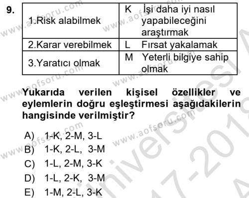 Yönetici Asistanlığı Dersi 2017 - 2018 Yılı (Vize) Ara Sınavı 9. Soru