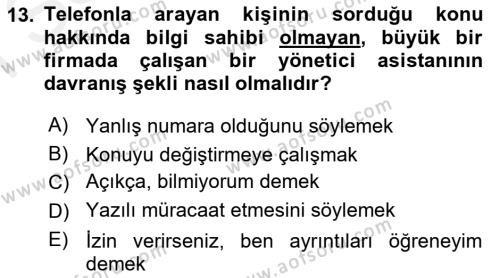 Yönetici Asistanlığı Dersi 2018 - 2019 Yılı (Final) Dönem Sonu Sınavı 13. Soru