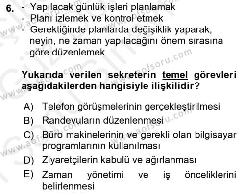Yönetici Asistanlığı Dersi 2018 - 2019 Yılı (Final) Dönem Sonu Sınavı 6. Soru