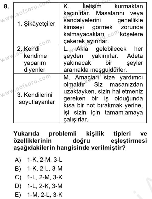 Yönetici Asistanlığı Dersi 2018 - 2019 Yılı (Final) Dönem Sonu Sınavı 8. Soru