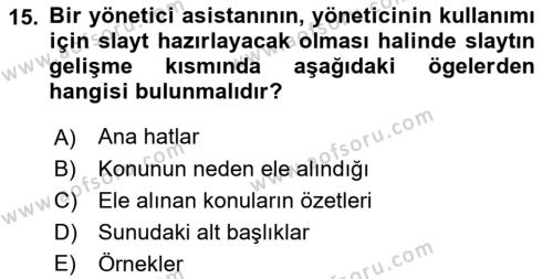 Yönetici Asistanlığı Dersi 2019 - 2020 Yılı (Vize) Ara Sınavı 15. Soru