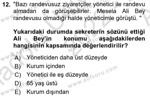 Yönetici Asistanlığı Dersi 2022 - 2023 Yılı (Vize) Ara Sınavı 12. Soru