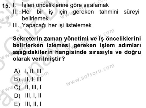 Yönetici Asistanlığı Dersi 2022 - 2023 Yılı (Vize) Ara Sınavı 15. Soru