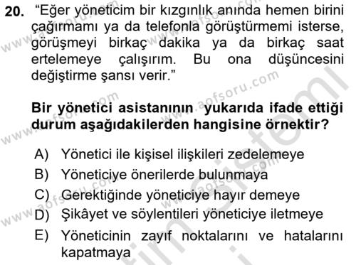 Yönetici Asistanlığı Dersi 2022 - 2023 Yılı (Vize) Ara Sınavı 20. Soru